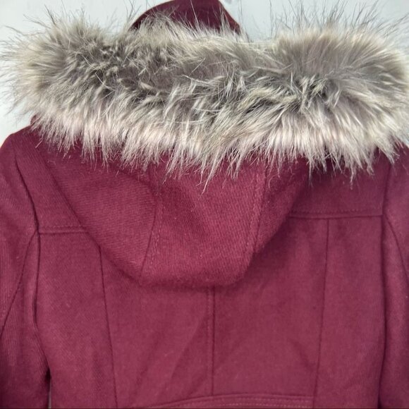 Kenneth Cole Burgundy Wool Blend Faux Fur Hooded Coat Size XS - Picture 9 of 13